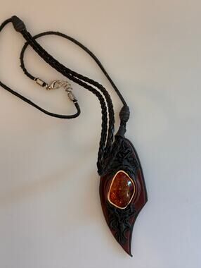 Baltic Amber Leather Necklace Artisan Pendant Cognac